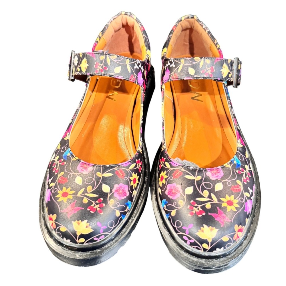 YDN Womens Mary Jane Shoes Floral Print Black‎ Buckle Strap Chunky Platform